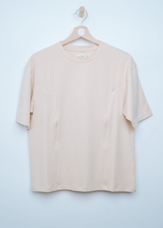 Tissu doux et respirant du tee-shirt d’allaitement Lemonade beige, idéal pour allaiter.